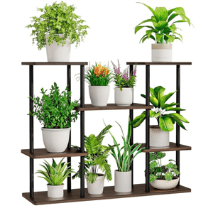 KONDELA Kovový stojan na kvety, čierna/rustikálne drevo, LEDER